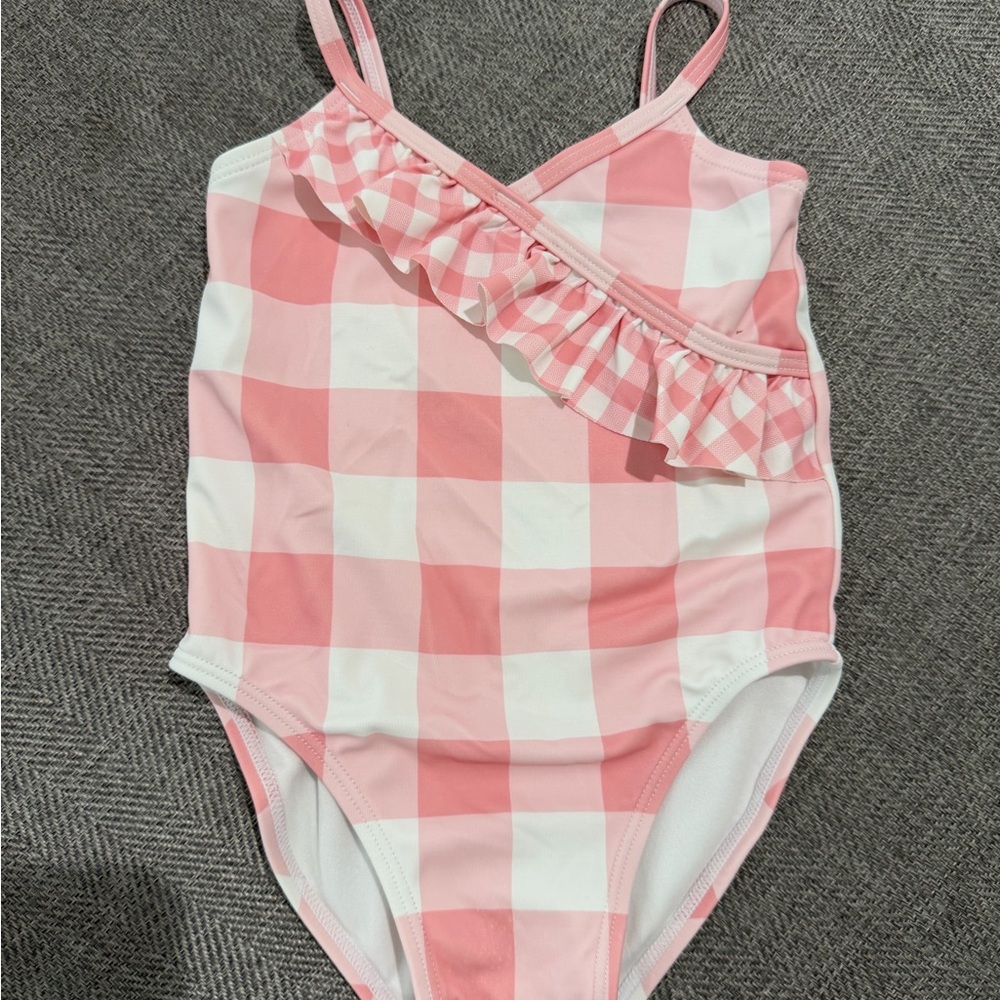 Janie and Jack Pink and White Gingham One-Piece Swimsuit with Ruffle